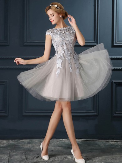 Tulle Scoop Neck A-line Short/Mini with Appliques Lace Bridesmaid Dresses #UKM01013413