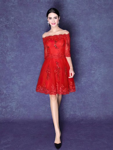 Tulle Off-the-shoulder A-line Short/Mini with Appliques Lace Bridesmaid Dresses #UKM01013423