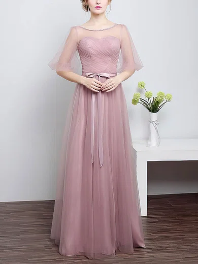 Tulle Scoop Neck A-line Floor-length with Sashes / Ribbons Bridesmaid Dresses #UKM01013430
