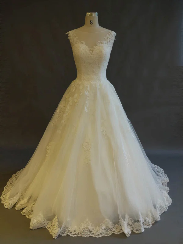 Ball Gown Illusion Tulle Sweep Train Wedding Dresses With Appliques Lace #UKM00022899