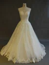 Tulle Scoop Neck Ball Gown Sweep Train with Appliques Lace Wedding Dresses #UKM00022899