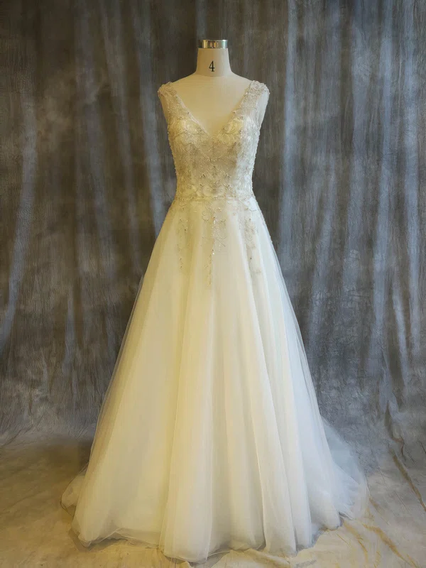 Ball Gown V-neck Tulle Sweep Train Wedding Dresses With Beading #UKM00022911