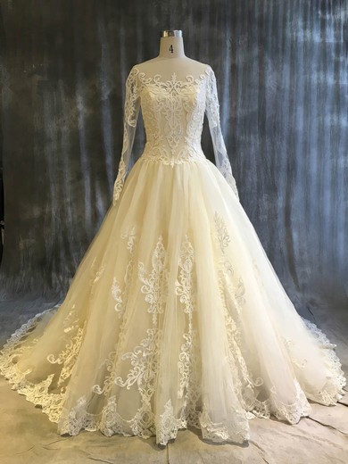 Tulle Scoop Neck Ball Gown Chapel Train with Appliques Lace Wedding Dresses #UKM00022913