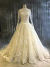 Ball Gown Illusion Tulle Chapel Train Wedding Dresses With Appliques Lace #UKM00022913