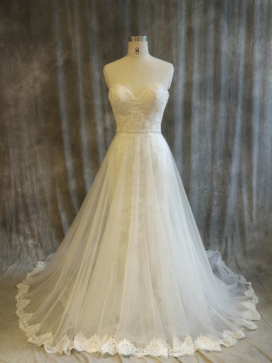 Tulle Lace Sweetheart Ball Gown Chapel Train with Beading Wedding Dresses #UKM00022916