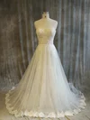 Ball Gown Sweetheart Lace Tulle Chapel Train Wedding Dresses With Appliques Lace #UKM00022916