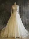 Ball Gown Illusion Tulle Chapel Train Wedding Dresses With Appliques Lace #UKM00022917
