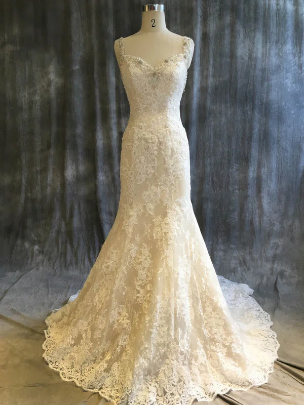 Trumpet/Mermaid V-neck Lace Tulle Sweep Train Wedding Dresses With Beading #UKM00022920