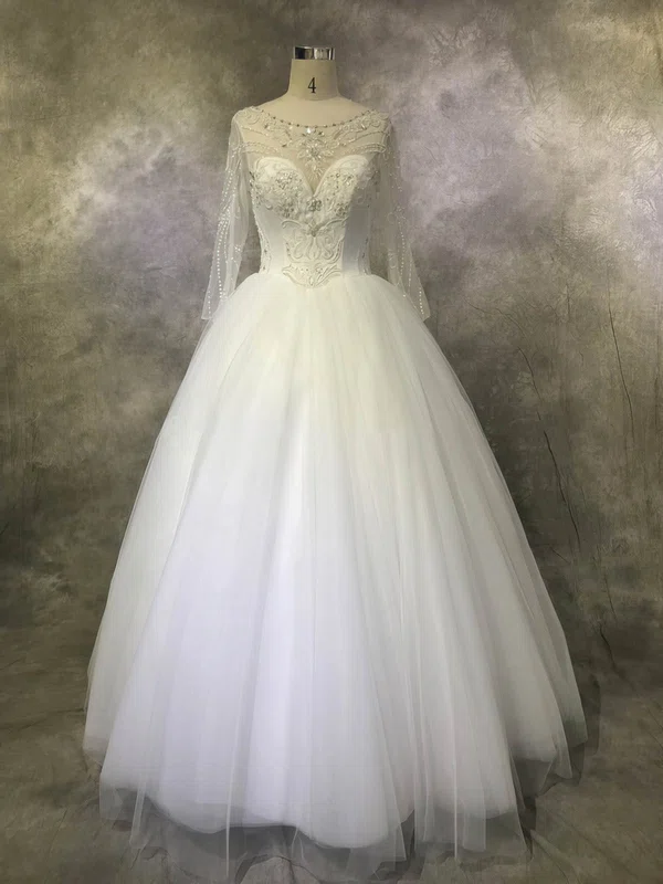 Ball Gown Illusion Tulle Floor-length Wedding Dresses With Beading #UKM00022923