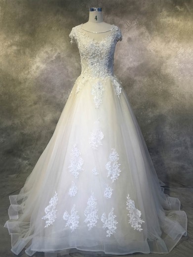 Tulle Scoop Neck Ball Gown Cathedral Train with Appliques Lace Wedding Dresses #UKM00022924