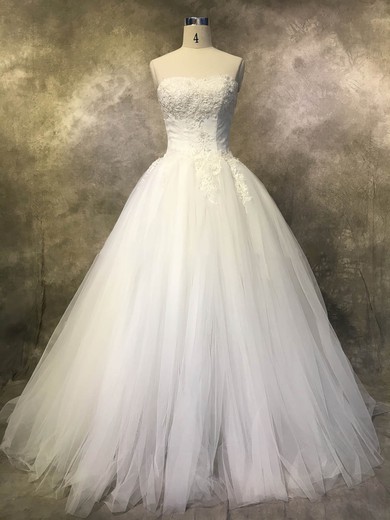 Ball Gown Straight Tulle Court Train Wedding Dresses With Appliques Lace #UKM00022925