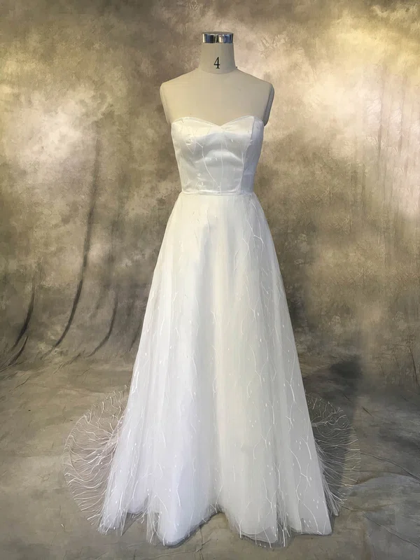 A-line Sweetheart Tulle Sweep Train Wedding Dresses With Ruffles #UKM00022926