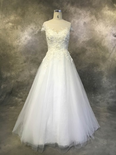 Tulle Scoop Neck Ball Gown Court Train with Appliques Lace Wedding Dresses #UKM00022930