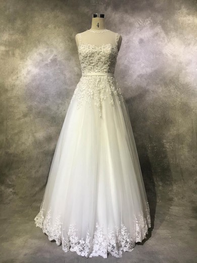 Tulle Scoop Neck Princess Floor-length with Sashes / Ribbons Wedding Dresses #UKM00022939
