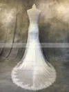 Satin Tulle V-neck Trumpet/Mermaid Court Train with Appliques Lace Wedding Dresses #UKM00022941