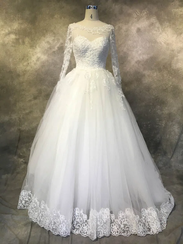 Ball Gown Illusion Tulle Chapel Train Wedding Dresses With Appliques Lace #UKM00022942