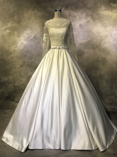 Satin Tulle Scoop Neck Ball Gown Court Train with Beading Wedding Dresses #UKM00022943