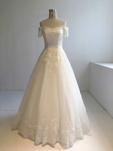 Tulle Off-the-shoulder Ball Gown Floor-length with Appliques Lace Wedding Dresses #UKM00022945