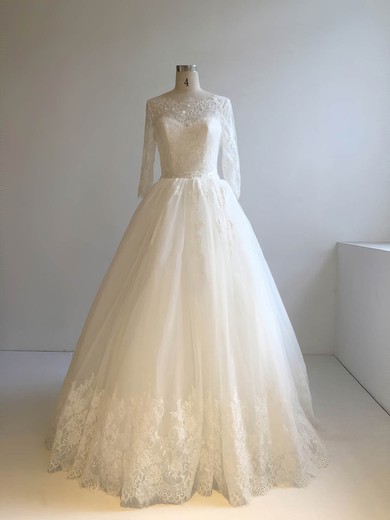 Tulle Scoop Neck Ball Gown Floor-length with Appliques Lace Wedding Dresses #UKM00022948