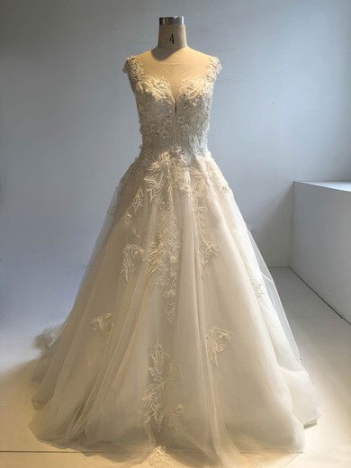 Tulle Scoop Neck Ball Gown Cathedral Train with Appliques Lace Wedding Dresses #UKM00022949