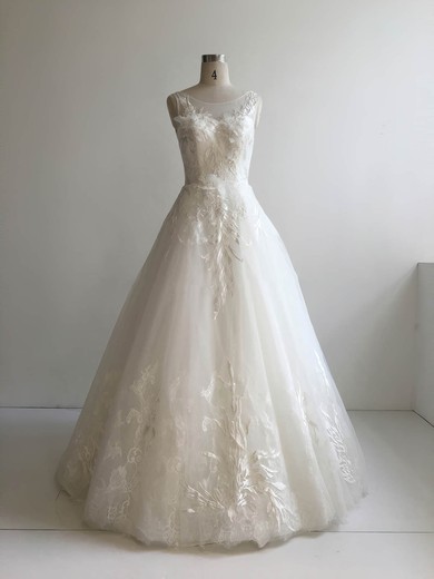 Lace Tulle Scoop Neck Ball Gown Floor-length with Appliques Lace Wedding Dresses #UKM00022951