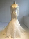 Trumpet/Mermaid Illusion Tulle Court Train Wedding Dresses With Appliques Lace #UKM00022953