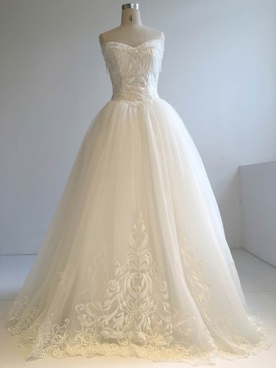 Tulle V-neck Ball Gown Floor-length with Beading Wedding Dresses #UKM00022955