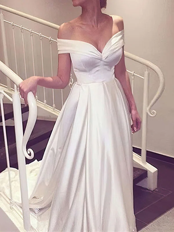 Ball Gown/Princess Off-the-shoulder Satin Sweep Train Wedding Dresses With Ruffles #UKM00022957