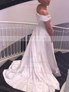 Satin Off-the-shoulder A-line Sweep Train with Ruffles Wedding Dresses #UKM00022957