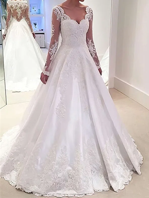 Ball Gown/Princess V-neck Satin Sweep Train Wedding Dresses With Appliques Lace #UKM00022958