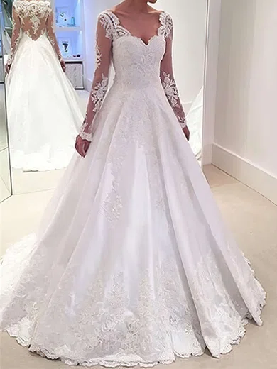 Ball Gown/Princess V-neck Satin Sweep Train Wedding Dresses With Appliques Lace #UKM00022958