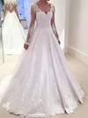 Ball Gown V-neck Satin Sweep Train Wedding Dresses With Appliques Lace #UKM00022958