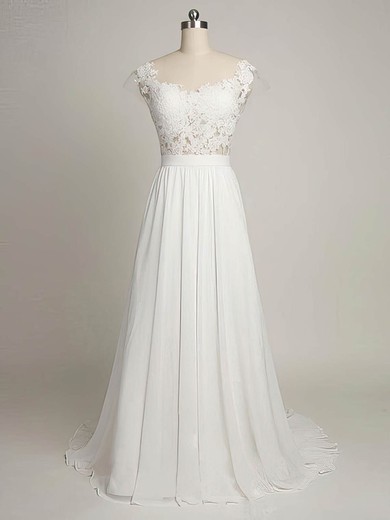 Tulle Chiffon Scoop Neck A-line Sweep Train with Appliques Lace Wedding Dresses #UKM00022968