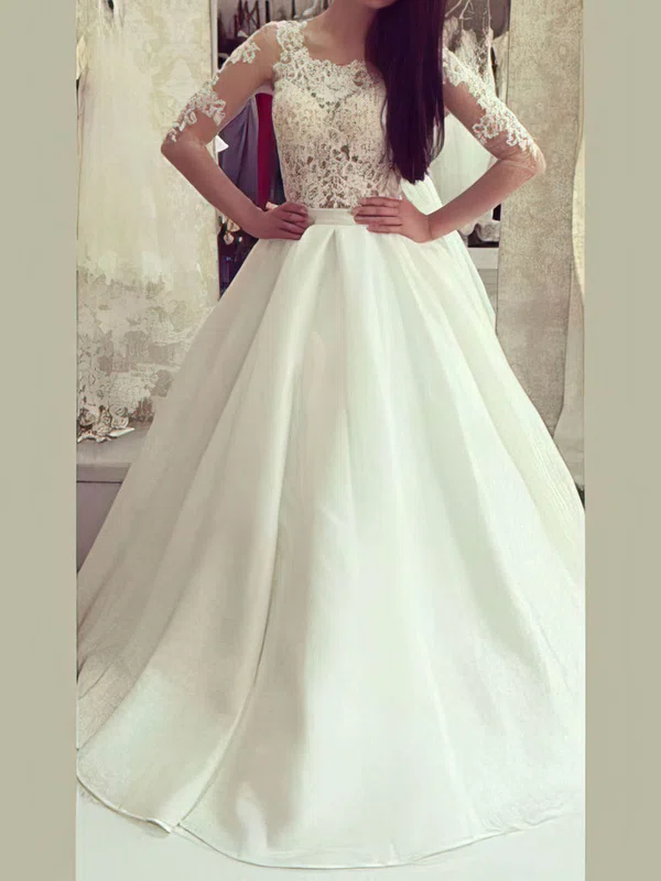 Ball Gown/Princess Illusion Satin Sweep Train Wedding Dresses With Appliques Lace #UKM00022973