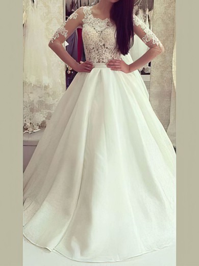 Ball Gown/Princess Illusion Satin Sweep Train Wedding Dresses With Appliques Lace #UKM00022973