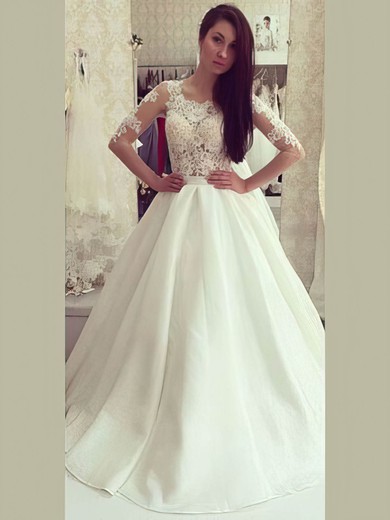 Satin Tulle Scoop Neck Ball Gown Sweep Train with Appliques Lace Wedding Dresses #UKM00022973