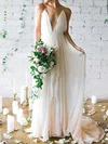 A-line V-neck Tulle Sweep Train Wedding Dresses With Sashes / Ribbons #UKM00022975