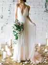 A-line V-neck Tulle Sweep Train Wedding Dresses With Sashes / Ribbons #UKM00022975