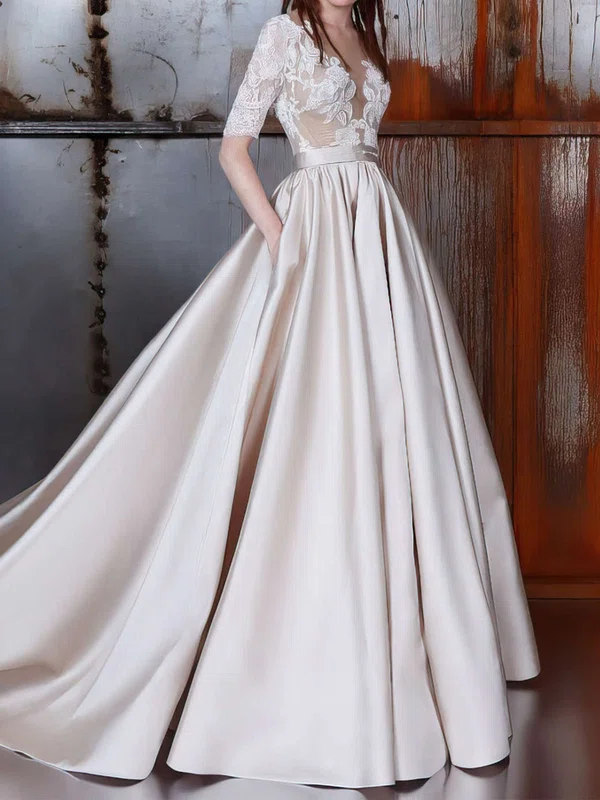 Ball Gown Illusion Satin Court Train Wedding Dresses With Sashes / Ribbons #UKM00022977