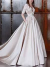Ball Gown Illusion Satin Court Train Wedding Dresses With Sashes / Ribbons #UKM00022977