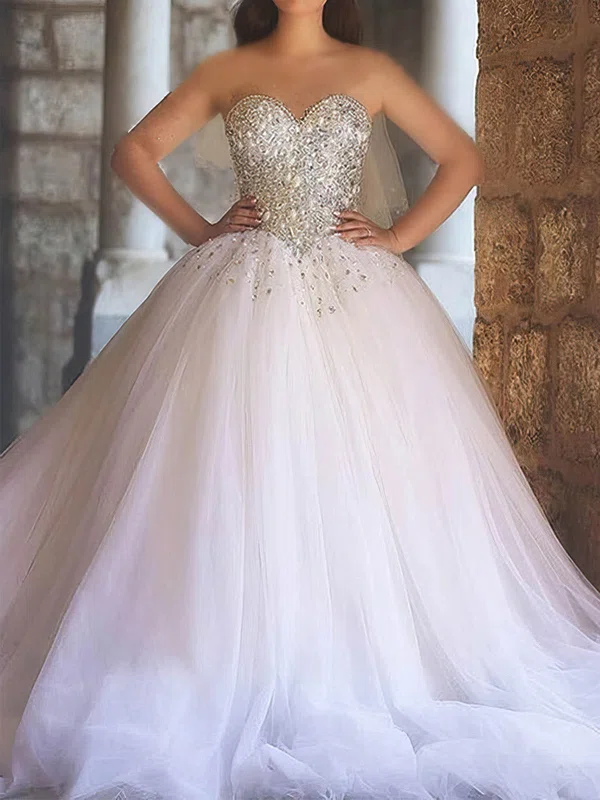 Ball Gown Sweetheart Tulle Court Train Wedding Dresses With Crystal Detailing #UKM00022979