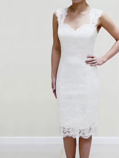 Lace Sweetheart Sheath/Column Short/Mini with Ruffles Wedding Dresses #UKM00022980