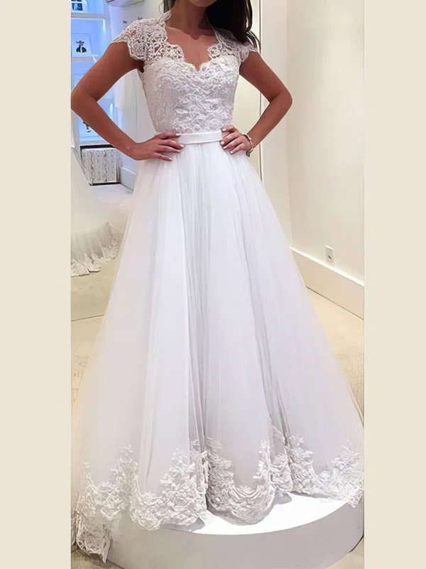 Ball Gown/Princess V-neck Tulle Sweep Train Wedding Dresses With Sashes / Ribbons #UKM00022982