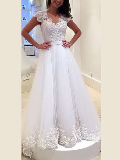 Ball Gown V-neck Tulle Sweep Train Wedding Dresses With Sashes / Ribbons #UKM00022982