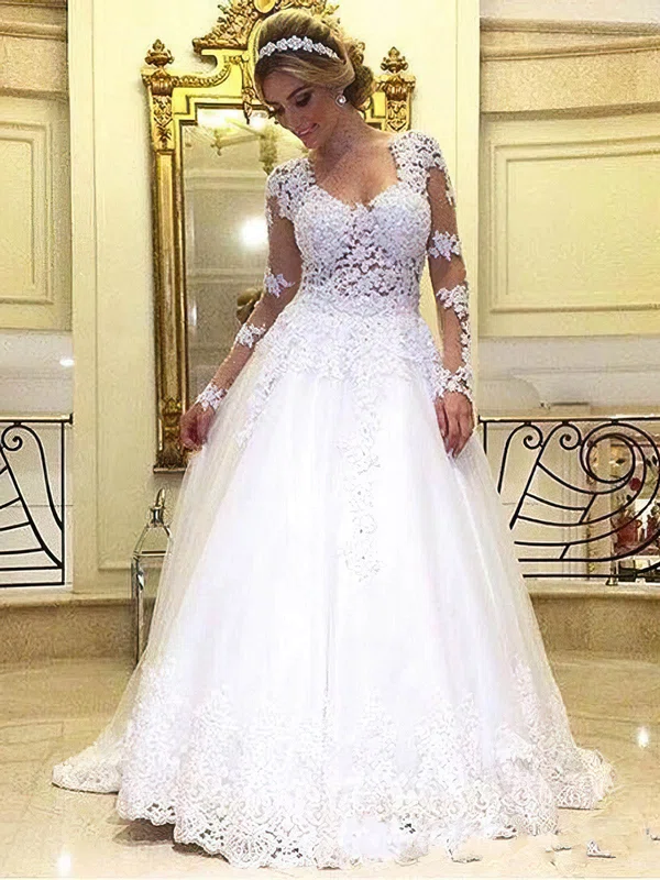 Ball Gown V-neck Tulle Sweep Train Wedding Dresses With Appliques Lace #UKM00022993