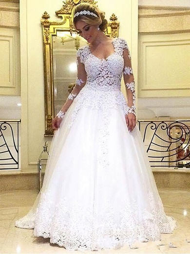 Tulle Scoop Neck Princess Sweep Train with Appliques Lace Wedding Dresses #UKM00022993