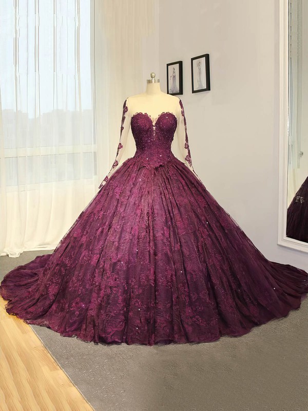 Tulle Lace Scoop Neck Ball Gown Chapel Train with Appliques Lace ...