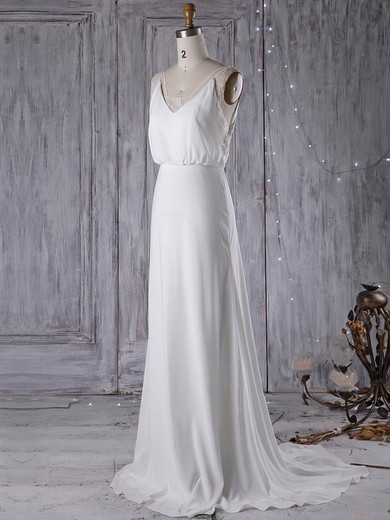 Sheath/Column V-neck Chiffon Sweep Train Wedding Dresses With Lace #UKM00023000