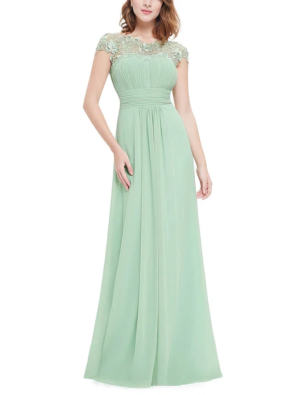 A-line Scoop Neck Lace Chiffon Floor-length Bridesmaid Dresses with Pleats #UKM01013435