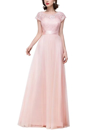Lace Tulle Scoop Neck A-line Floor-length with Sashes / Ribbons Bridesmaid Dresses #UKM01013439